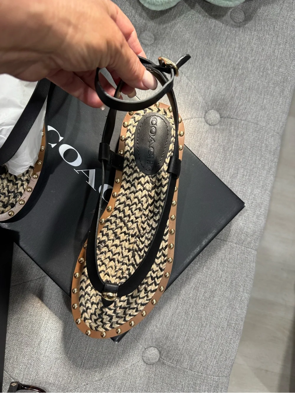 Women's Black Strappy Studded Espadrille Sandals
